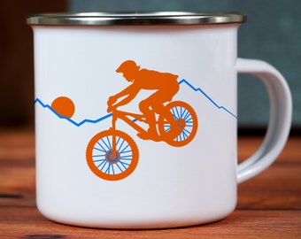 Mountainbiker-campingmugg, cykling i emalj, personlig emaljmugg, cyklingcamp-mugg, utomhus-emaljmugg, kopp, present till cyklist, utförsåkning