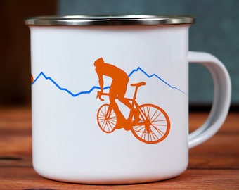 Mugg för cykling och camping, emaljmugg för landsvägscykling, personlig emaljmugg, mugg för cykling och camping, emaljmugg för utomhusbruk, mugg, present till cyklist, cykel