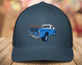 Truck with Mountain Bikes Trucker Flex Fit Hat, Trucker Cap, Bike Baseball Cap, Hat for Mountain Bikers, Gift for Mountain Biker, Bike Hat