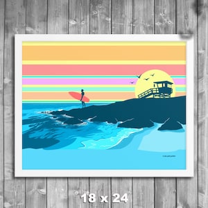 Surfer Standing with Board Looking at Waves, Surf Poster, Surfing Wall Art, Home Decor, Surfing Gift, Art Print, Gift for Surfer, Surf Art