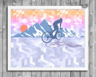 Weg fietser rijden in de bergen Poster, fietsen kunst aan de muur, home decor, fietsen cadeau, kunst print, buiten afdrukken, cadeau voor biker, fietsen kunst