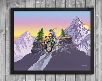 Girl Downhill Mountain Biker Framed Poster, Hanging Wall Art, Home Decor, Mountain Bike Gift, Art Print, Freeride Print, Gift for Her, Cycle
