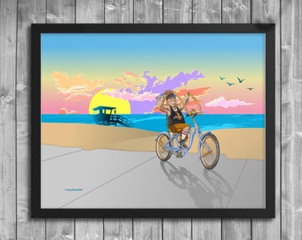 Beach Cruiser Framed Poster, Hanging Wall Art, Home Decor, Cycling Gift, Art Print, Bike Print, Gift for Him, Beach Scene, Beach Lover, Bike