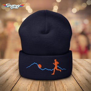 Runners Cuffed Beanie, Tossle Cap for Runners, Gift for Runner, Warm Hat for Running, Jogging Beanie, Running Design