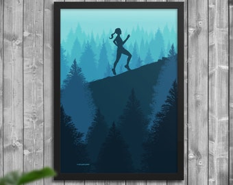 Girl Running in Forest Poster, Trail Runner Wall Art, Home Decor, Gift for Runners, Art Print, Outdoors Print, Perfect for Runner, Running