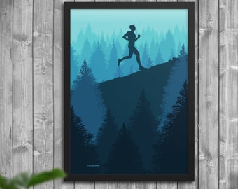 Guy Running in Forest Poster, Trail Runner Wall Art, Home Decor, Runners Gift, Art Print, Outdoors Print, Gift for Runners, Love to Run