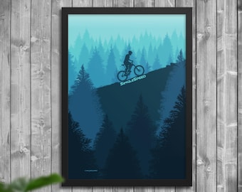 Single Speed Mountain Biker im Wald Poster, Mountainbike Wandkunst, Wohnkultur, Mountainbike Geschenk, Kunstdruck, Geschenk für Biker, Radfahrer