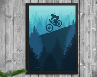 Ragazza Mountain Biker in poster della foresta, arte della parete della mountain bike, decorazioni per la casa, regalo della mountain bike, stampa artistica, regalo per il biker, poster del ciclismo