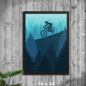 Girl Mountain Biker in Forest Poster, Mountain Bike Wall Art, Home Decor, Mountain Bike Gift, Art Print, Gift for Biker, Cycling Poster