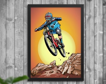 Downhill Mountain Biker Poster, Mountain Bike Wall Art, Home Decor, Mountain Bike Gift, Art Print, Freeride Print, Gift for Biker, Cyclist