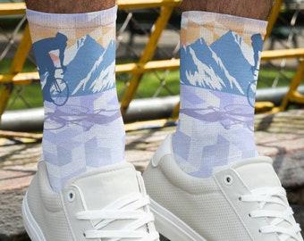 Road Cyclist Riding in the Mountains Socks, Cycling Socks, Gift for Cyclist, Guy Riding Bike, Gift for Bike Rider, Stocking Stuffer Cyclist