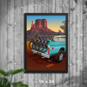 Mountain Bikes in Back of Pickup Truck Blue Sky Framed Poster, Mountain Bike Wall Art, Home Decor, Mountain Biker Gift, Art Print, Vintage