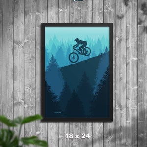 Mountain Biker in Forest Poster, Mountain Bike Wall Art, Home Decor, Mountain Bike Gift, Art Print, Outdoors Print, Gift for Biker, Cycling