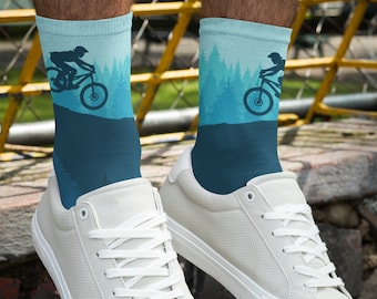 Mountain Biker Socks Cyan, Riding Socks, Gift for Mountain Biker, Stocking Stuffer, Cycling Socks, Recycled, Sustainable, Soft, Cool Socks