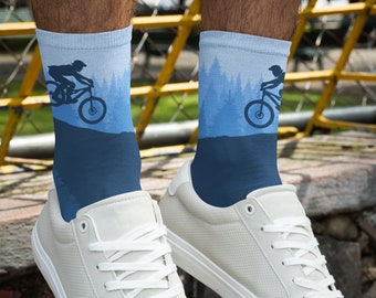 Meias azuis para ciclista de montanha, meias para ciclismo, presente para ciclista de montanha, meias de Natal, meias de ciclismo, recicladas, sustentáveis, macias e legais