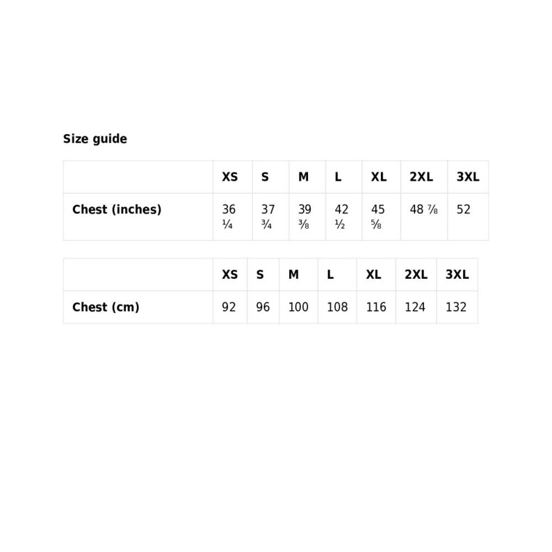 May include: A white size guide with text for chest measurements in inches and centimeters. The size guide includes sizes XS, S, M, L, XL, 2XL, and 3XL. Chest measurements range from 36 1/4 inches to 52 inches.