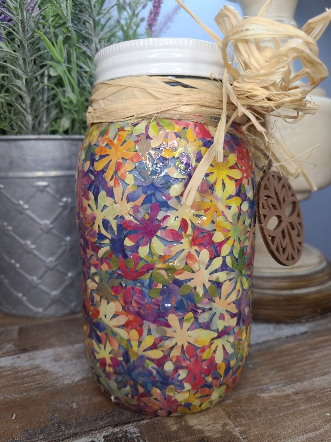 Mason Jar Decoupage Multicolored Flowers Etsy