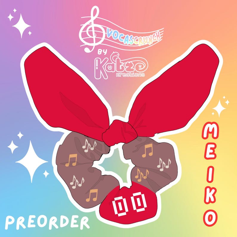 May include: A red and brown hair scrunchie with a bow and musical notes print. The scrunchie has the text "MEIKO" and "PREORDER" on it. The scrunchie is made by "VOCASCRUNCH by Katzo Kreations".