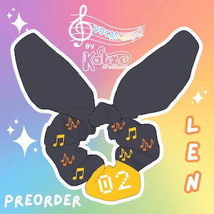 May include: Black and yellow scrunchie with musical notes and the text "02" on a yellow background. The scrunchie is shaped like a bow. The text "LEN" is in the upper right corner of the image. The text "PREORDER" is in the lower left corner of the image.
