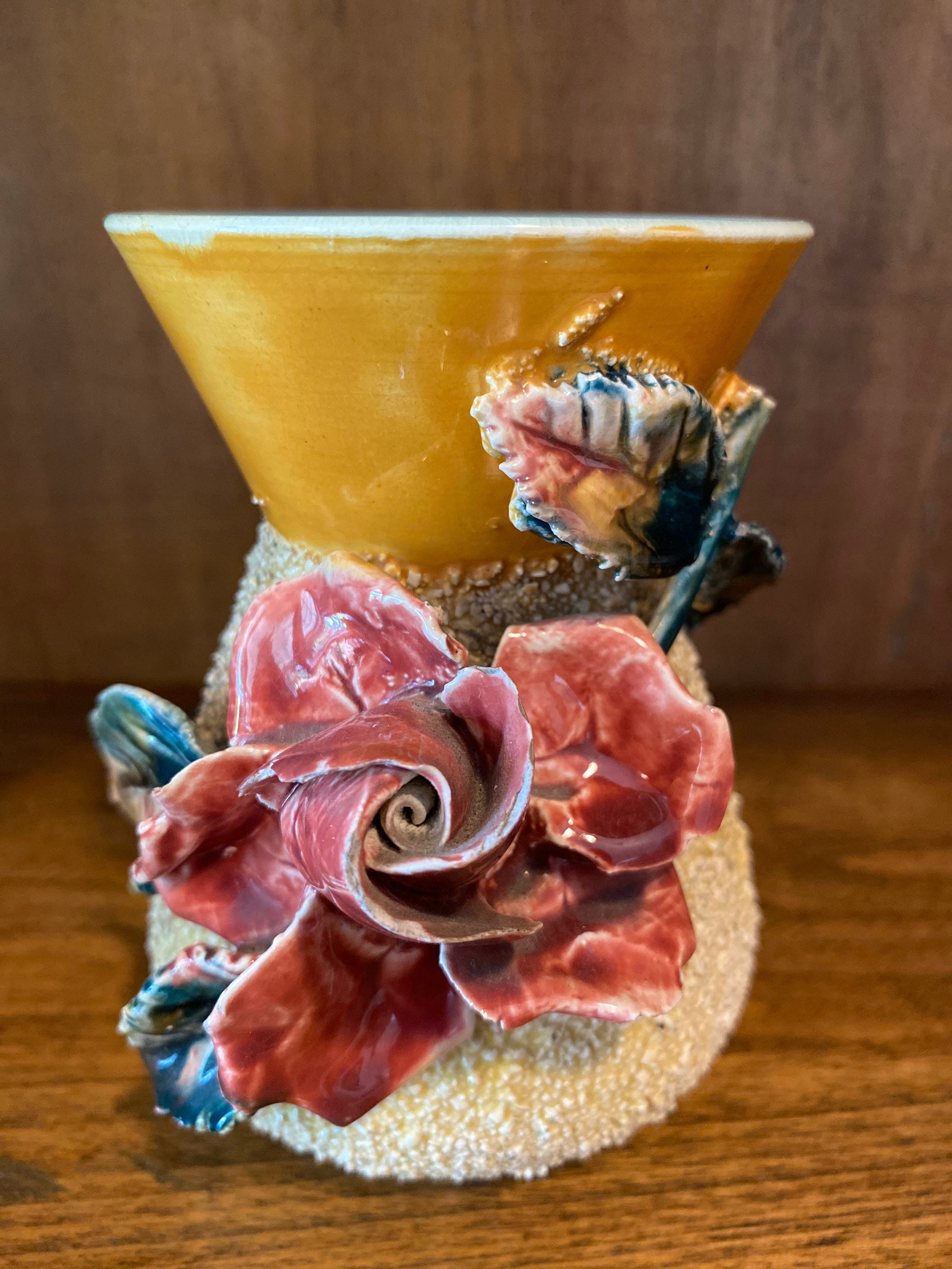 Majolica sand finish vase with red flower orange and green. Etsy