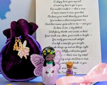 First Tooth Fairy Kit | Personalised Tooth Fairy Gift Set with Peg Doll, Velvet Bag and Letter | Lost Tooth Keepsake Bundle