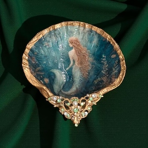 Mermaid Shell Trinket Dish, Nautical Decor, Gift for Her, Scallop Shell Jewelry Storage, Nautical Ring Dish, Mermaid Gift, Christening Gift