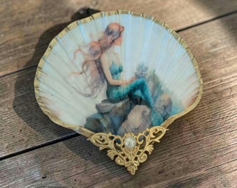Mermaid Shell Trinket Dish | Decoupage Mermaid Ring Dish | Ocean Jewellery Dish | Mermaid Lover Gift
