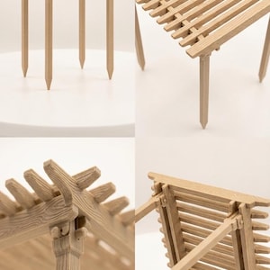 May include: A miniature wooden pergola with a light brown finish. The structure features a slatted roof and four pointed legs. The close-up shots highlight the wood grain and joinery details, showcasing the craftsmanship.