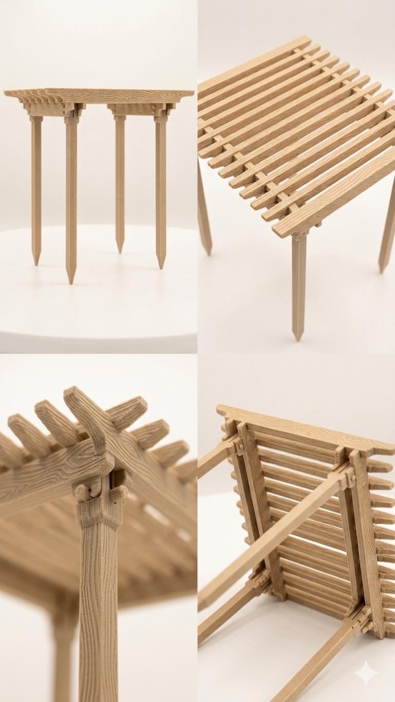 May include: A miniature wooden pergola with a light brown finish. The structure features a slatted roof and four pointed legs. The close-up shots highlight the wood grain and joinery details, showcasing the craftsmanship.