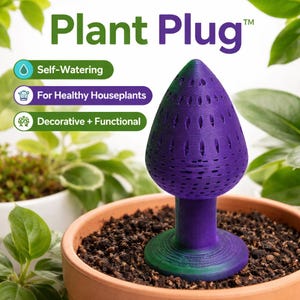 May include: A purple and green Plant Plug sits in a terracotta pot filled with soil. The self-watering device is designed for healthy houseplants and is decorative and functional. The text "Plant Plug" is at the top of the image.