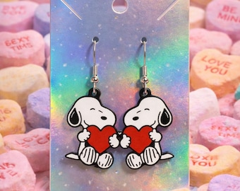 Snoopy Peanuts Valentine’s Day Heart Earrings | 3D Printed Holiday Earrings | 925 Sterling Silver Hooks