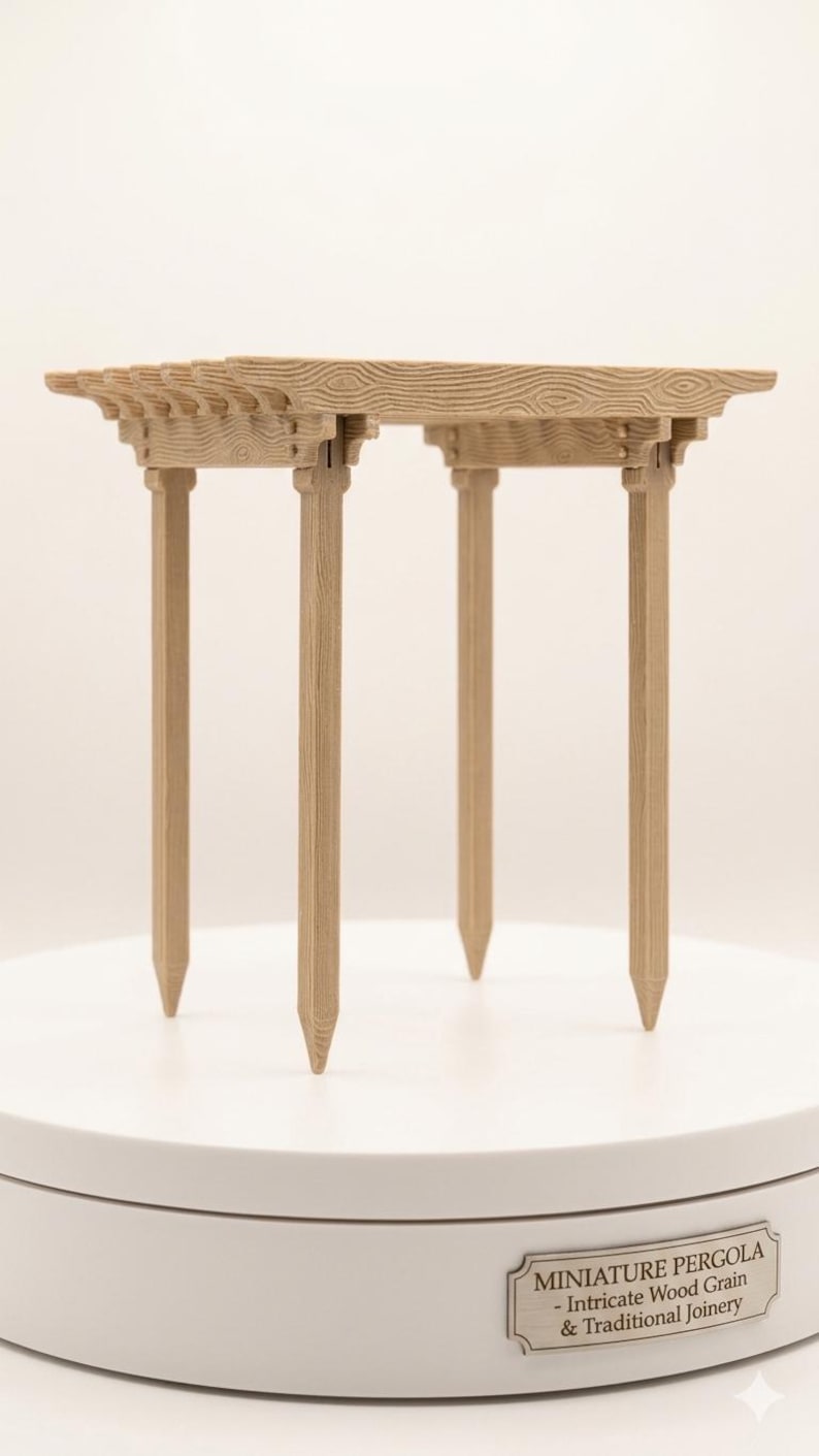 May include: A miniature wooden pergola with intricate wood grain and traditional joinery. The light-colored structure has a rectangular top supported by four slender, pointed legs. The pergola is displayed on a white surface.