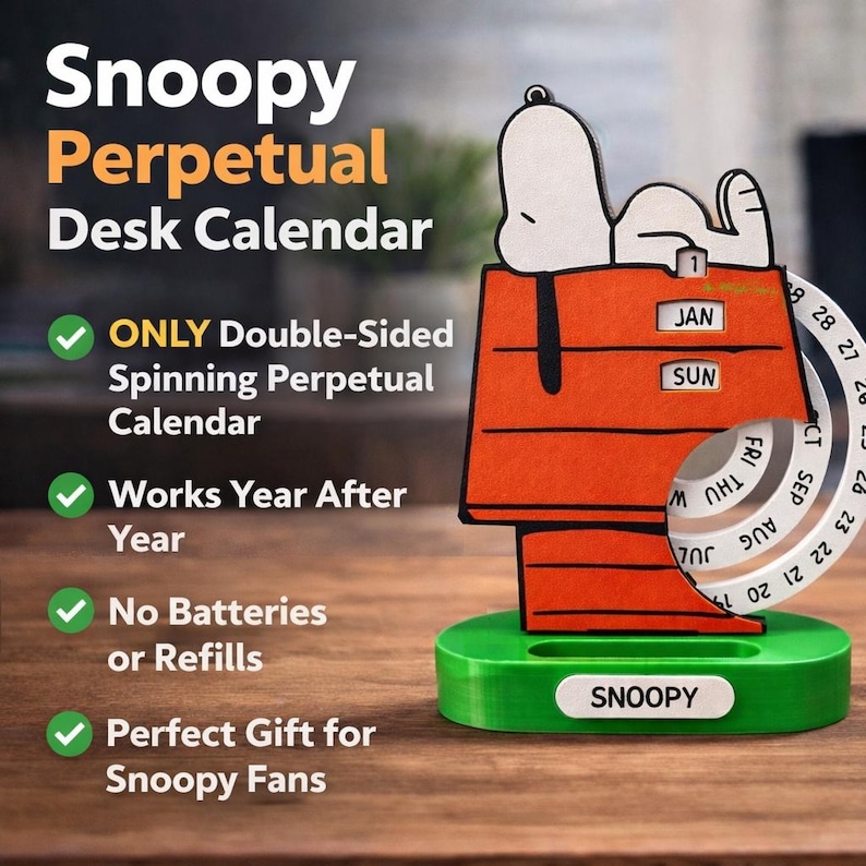 Snoopy Perpetual Desk Calendar – Handmade Snoopy Office Decor – Yearless Calendar Gift – Peanuts Desk Accessory image 4