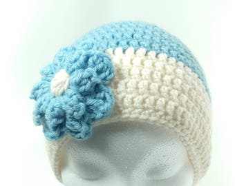 Blue and White Crochet Beanie with Flower