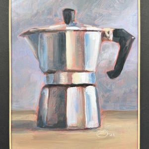 Original Oil Painting Moka Pot Coffee Still Life Artwork (148x210 mm)