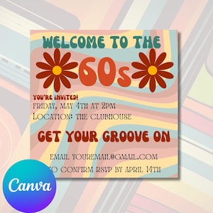 Retro 60s Party Invitation, Groovy Birthday Party Invite, Sixties Theme Celebration, Customizable Digital Printable, Canva Invitation