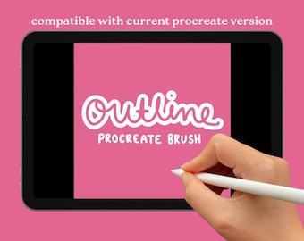 May include: A black tablet displays a pink screen with the white text "Outline Procreate Brush." A hand holds a white stylus, pointing towards the screen. The background is a solid pink color, with the text "compatible with current procreate version" at the top.