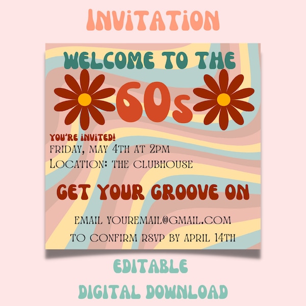 Welcome to the 60s Invitation PDF file, Editable File, Digital Invitation, Time Period Invitation, 60s Party Invitation, 60s Template