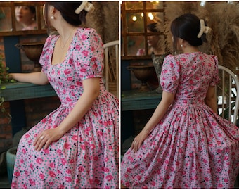EIRLYS KLEID in ""Pink Sweet" Stoff | Pin Up Retro Kleid, Vintage 50er Jahre Baumwollkleid, Retro Swing Kleid, 1950er Jahre großes Kleid, Blumenkleid