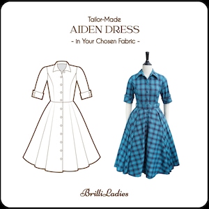 Può includere: Un disegno a linea di un vestito con chiusura a bottoni sul davanti e maniche a 3/4. Un vestito a quadri blu e neri con chiusura a bottoni sul davanti e maniche a 3/4 è mostrato accanto al disegno a linea. Il testo "Tailor-Made Aiden Dress - In Your Chosen Fabric -" è nella parte superiore dell'immagine. Il testo "Brilli Ladies" è nella parte inferiore dell'immagine.
