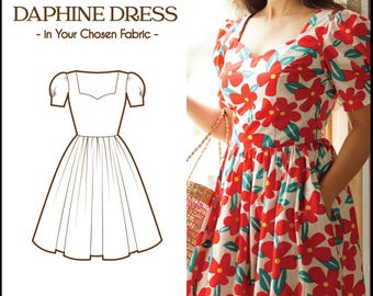 DAPHINE DRESS in your fabric choice | pin up retro dress, cotton vintage 50s dress, retro swing dress, 1950s large dress floral dress custom