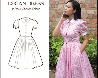 Nieuw! LOGAN JURK in stofkeuze | effen katoenen jurk, vintage retrojurk op maat, jaren 1950, pin-up, pin-upjurk grote maten, overhemdjurk