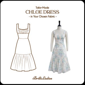 May include: A line drawing of a dress with a square neckline and a tiered skirt. The dress is shown on a mannequin wearing a floral print dress.