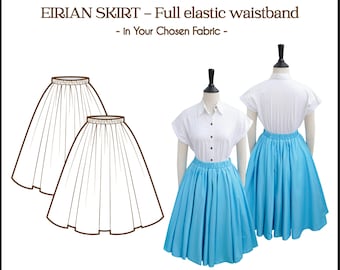 Puede incluir: Imagen de una falda Eirian hecha a medida con cintura totalmente elástica. La falda se muestra en azul claro sobre un maniquí, combinada con una camisa blanca. También se muestra un dibujo lineal de la falda. El texto dice "Eirian SKIRT - Full elastic waistband".