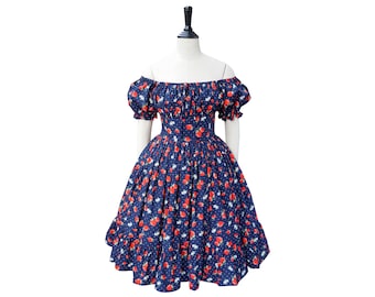 SHERIE DRESS in "Navy Blossom Berry" Fabric | off-the-shoulder neckline, gathered shelf bust, pinup cotton 1950s vintage, split dress 50s