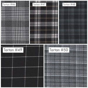 Puede incluir: Cinco patrones de cuadros diferentes en negro, blanco, gris y dorado. Los patrones están etiquetados como "Tartan #46", "Tartan #47", "Tartan #48", "Tartan #49" y "Tartan #50".