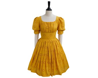 CATHERINE DRESS in Eyelet Mustard Yellow "Lovely Day" Fabric | pinup retro dress, cotton vintage retro swing dress, 1950s brilliladies 50s