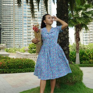 ARIANNE DRESS in &quot;Pinkie Blues&quot; Fabric | pinup retro dress, cotton vintage 50s dress, retro swing dress, 1950s large dress floral dress