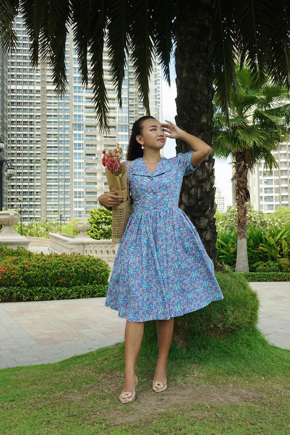 blue dress for baby girl Vintage 50s 60s Blue Floral Fit & Flare Midi Dress
