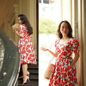 DAPHINE DRESS in &quot;Fire Bloom&quot; Fabric | retro swing dress, pin up vintage dress, red burgundy cotton dress, custom 1950s dress